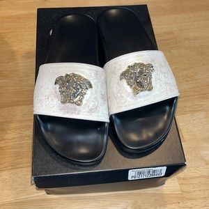 Versace Swim Slides with gold Medusa head